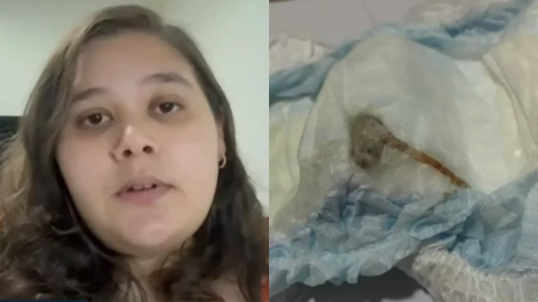 Uma mulher identificada como Mariana Sobral revelou que encontrou um rato morto dentro da fralda de seu filho de um mês de vida.