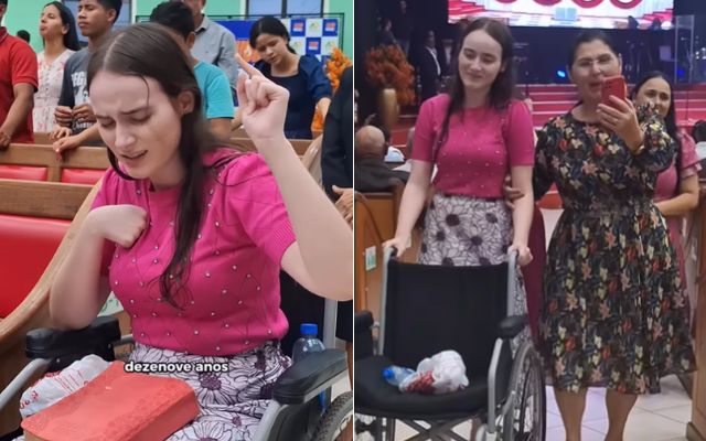 uma jovem testemunha a cura ao deixar a cadeira de rodas durante um culto na sede da igreja Assembleia de Brasil