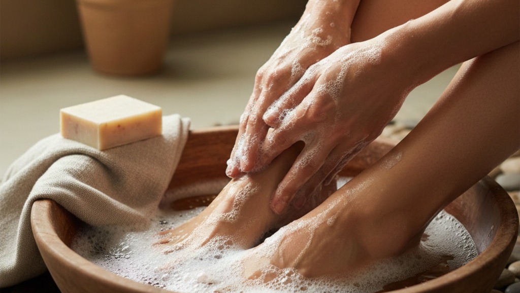 Dica para lavar os pés com sabonete neutro e sal