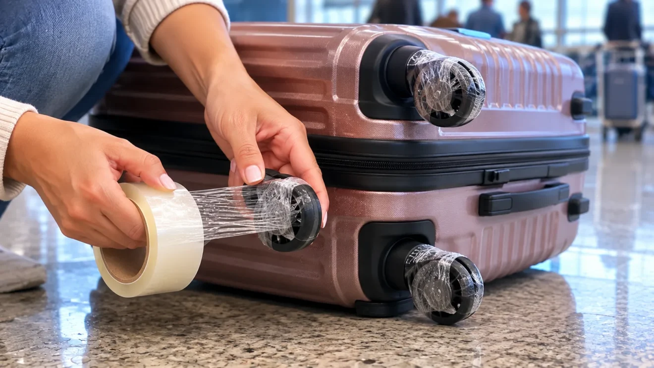 Dica simples com fita adesiva nas rodinhas da mala protege a sua bagagem