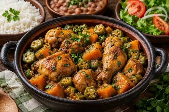 Sobrecoxas de frango com abóbora e quiabo