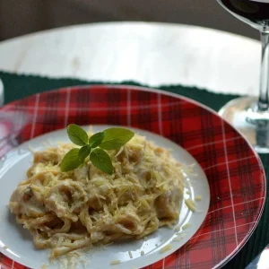 Macarrão com frango desfiado e requeijão cremoso