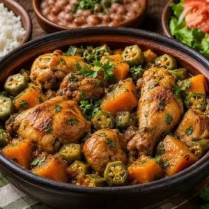 Sobrecoxas de frango com abóbora e quiabo